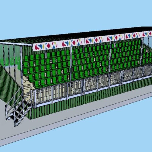 Tribune model Live 67 Ruimte onder de tribune? Ideaal voor materiaalopslag met optionele deuren! De Tribune Live is ontworpen voor intensief gebruik op sportparken en evenementenlocaties, met een robuuste constructie die bestand is tegen weer en wind.
