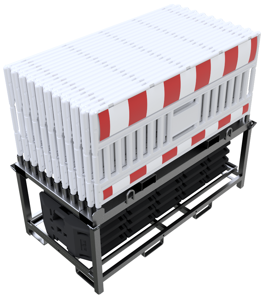 Veiligheidshekken Voordeelset 2 2 Aanbieding: Complete transport- en opslagpallet met 20 Euro 3 veiligheidshekken en rode reflecterende folie, perfect voor werkzones en evenementen.