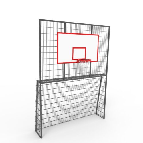 Voetbaldoel met basketbal VBC160 164 Onze sportwand met voetbaldoel en geluidsarm basketbalbord is een slimme oplossing voor multifunctionele pleinen waar sport en leefbaarheid hand in hand gaan.