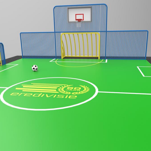 voetbalkooi model PS200 8 In het uitgewerkte concept van deze voetbalkooi met basketbal van volledig gelast spijlenhekwerk, is het nieuwe logo van de Eredivisie in de kunstgras speelvloer verwerkt.