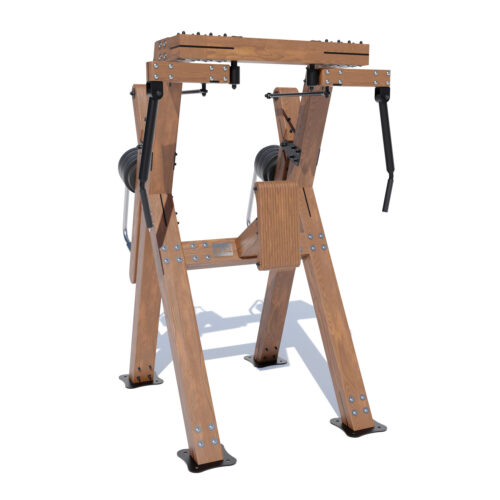 Effectieve training voor borst en schouders met de standing butterfly outdoor. Hout, verstelbare gewichten en weerbestendig.