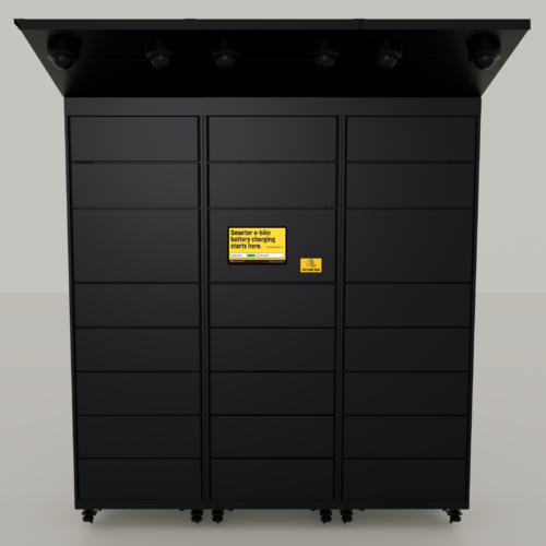 E-bike accu oplaadlocker Pro met slimme toegang en meerdere compartimenten buiten