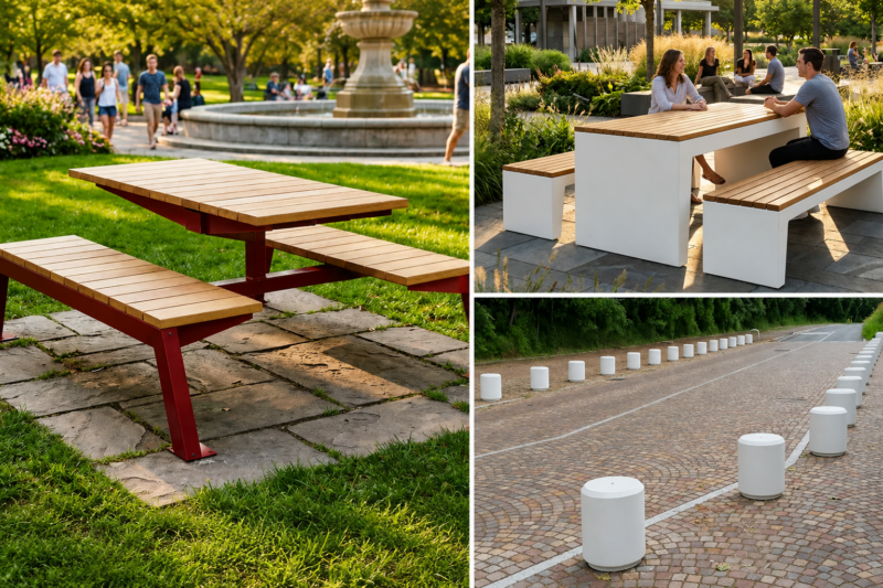 Nieuw! Betonnen picknickset, picknickset van hout en staal, en betonnen afzetbollen