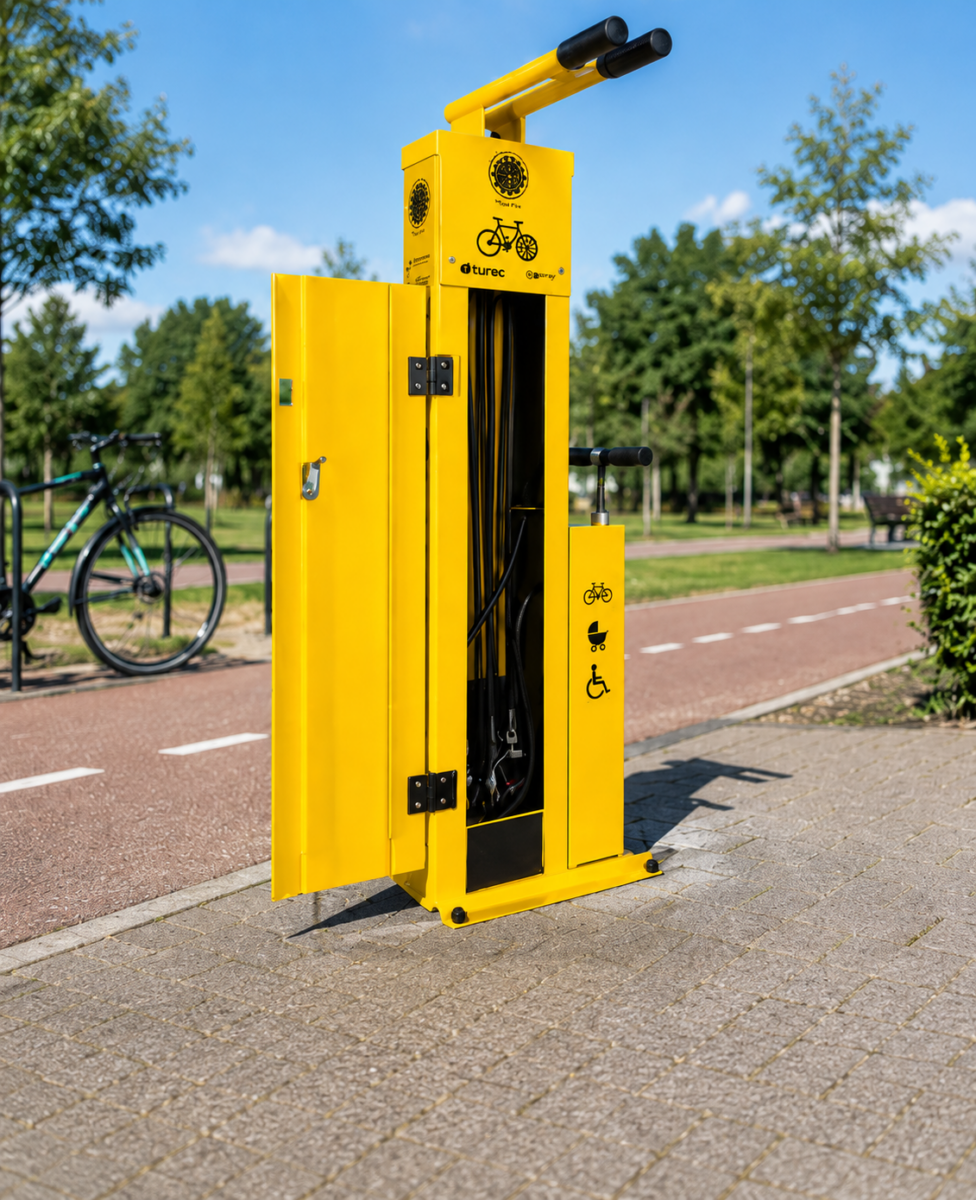 Fiets reparatiestation voor buiten | SKWshop 2 Geel fietsreparatiestation voor buitengebruik met geïntegreerde fietspomp en gereedschap langs fietspad in openbare ruimte.