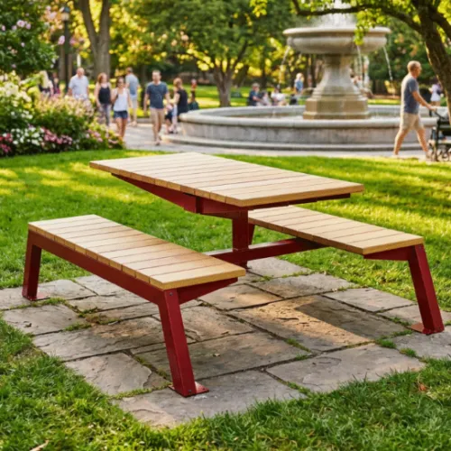 Moderne picknickset van hout en staal zonder rugleuning geplaatst in een parkachtige buitenruimte