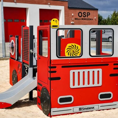 Brandweer speelhuis P3403 voor speeltuin en schoolplein met educatief brandweerthema.
