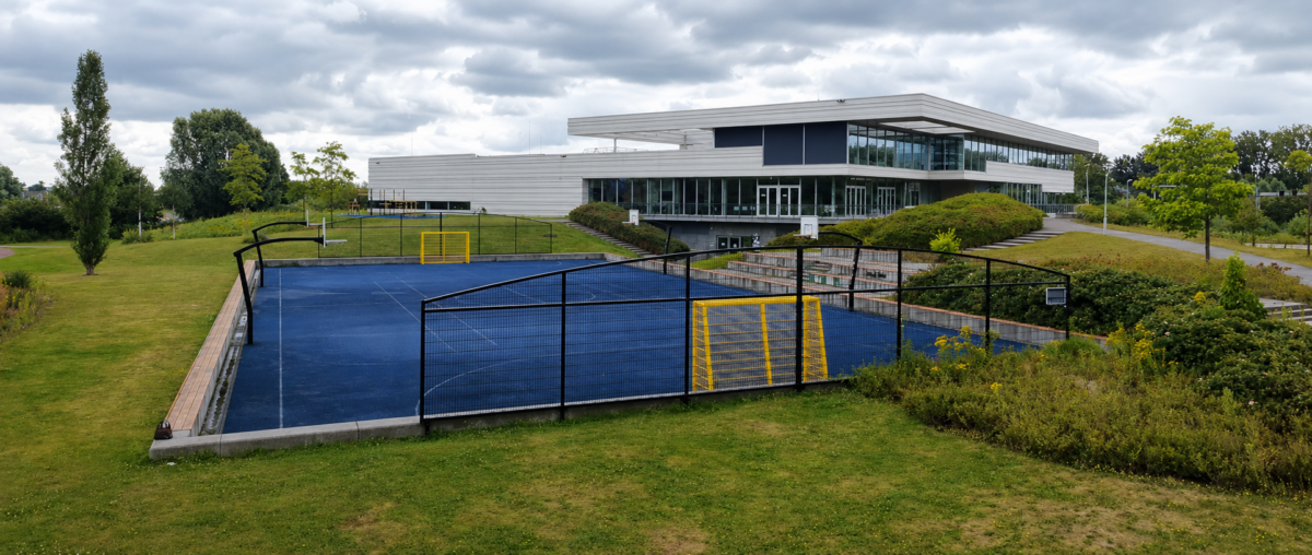 Hoe hoog moet een ballenvanger zijn? Alles over hoogte, netten, constructie en fundering 7 Dronefoto van zwarte ballenvangers en gele voetbaldoelen bij de Euroborg in Groningen
