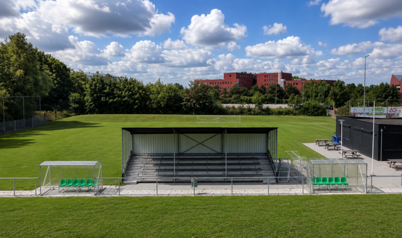 Replay Alto tribune bij voetbalvereniging in Groningen, twee jaar na plaatsing, gefotografeerd met drone inclusief dug-outs en voetbalveld.