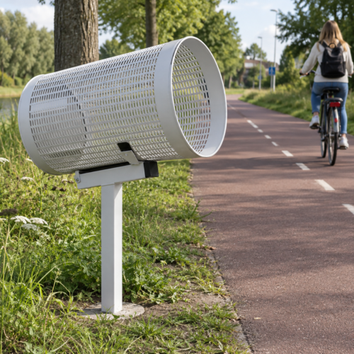Grote witte werpafvalbak aan staander langs een fietspad, speciaal geplaatst voor passerende fietsers