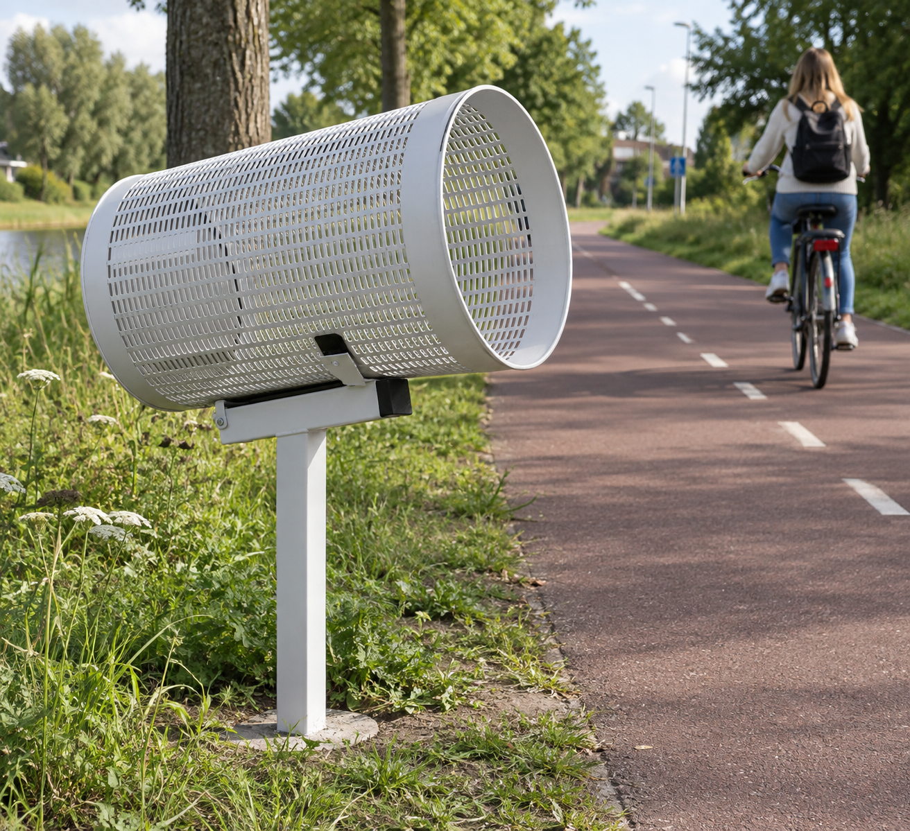 Afvalbak Fietsroute – 114 liter 1 Grote witte werpafvalbak aan staander langs een fietspad, speciaal geplaatst voor passerende fietsers