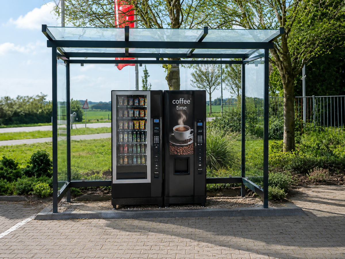 Nieuw in het assortiment: Automatenoverkapping Vendo voor buiten 1 Automatenoverkapping Vendo 3 meter met glazen dak en verkoopautomaten voor buiten