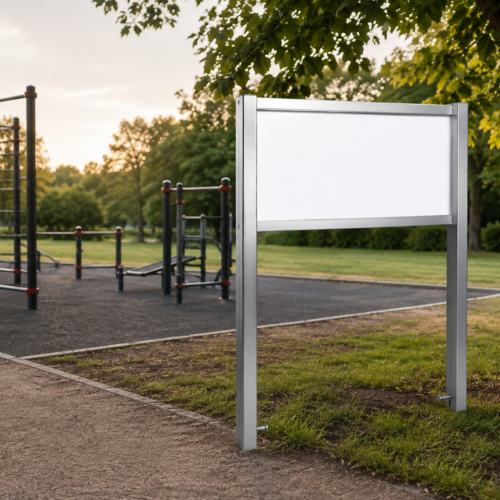 Aluminium frame voor informatiebord bij calisthenics park