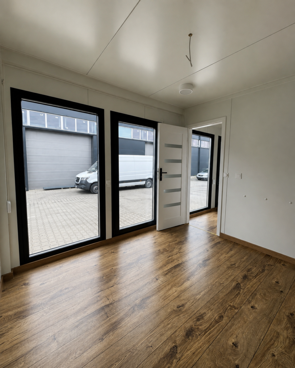 Kantoorunit buiten 10 x 3 meter – Dordrecht 3 Binnenzijde geïsoleerde kantoorunit met grote ramen en moderne vloer