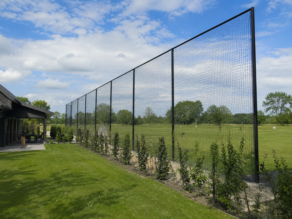 Ballenvanger van 7 meter hoog geplaatst bij trainingscomplex in Hoenderloo 7 Ballenvangernet voor golf langs een golfbaan met hoge zwarte staanders en fijnmazig net