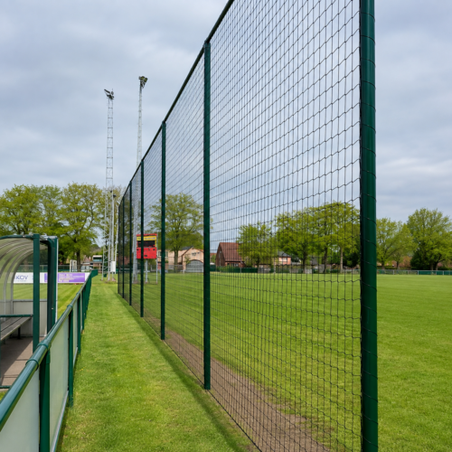 Ballenvangernet voor voetbal langs een voetbalveld met hoge staanders en zwart net