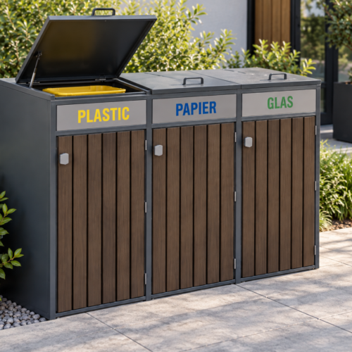 Container ombouw voor 3 afvalcontainers van 240 liter met houten latten en open deksel bij het vak voor plastic