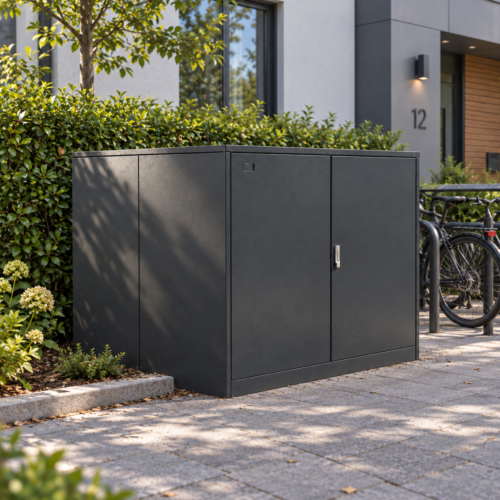 Fietsbox Container voor 2 fietsen in antraciet RAL 7016 bij modern bedrijfsgebouw