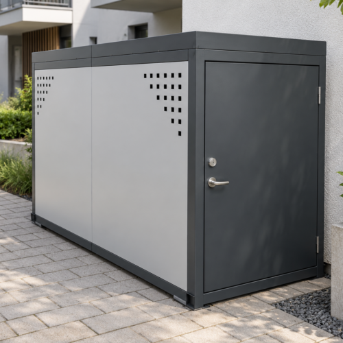 Fietsbox met plantenbak voor 1 fiets in antraciet en lichtgrijs bij wooncomplex