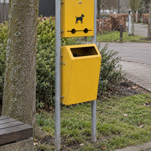 Hondenpoepdispenser Bima met gele afvalbak langs wandelpad in openbare ruimte
