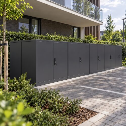 Fietskluis Container voor 2 fietsen 8 Rij antracietkleurige afsluitbare fietsboxen bij modern appartementencomplex