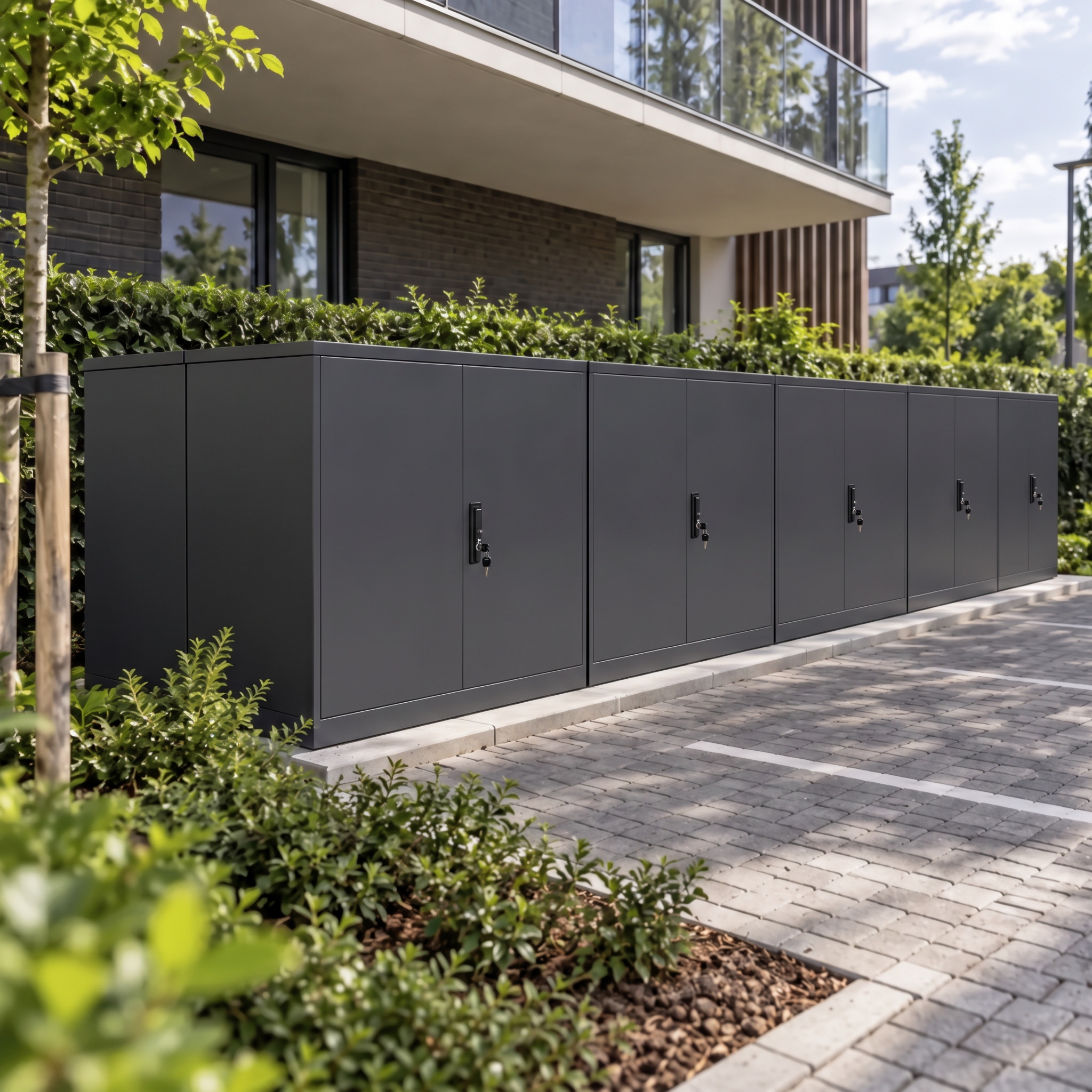 Fietskluis Container voor 2 fietsen 3 Rij antracietkleurige afsluitbare fietsboxen bij modern appartementencomplex