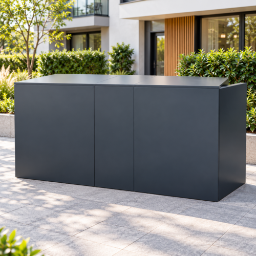 Antracietkleurige metalen fietsbox bij moderne woning