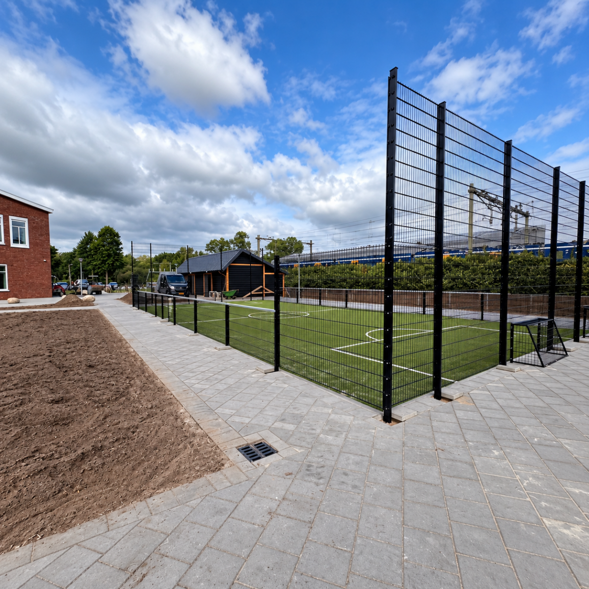 Pannakooi en basketbalkooi geplaatst in Deventer 2 Pannakooi van 10 × 19 meter in Deventer met zwarte wanden in RAL 9005
