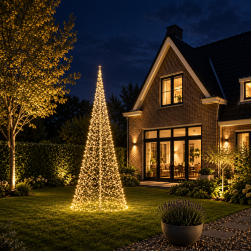 Premium LED kerstboom 6 meter met 2.048 warm witte LED-lampjes in tuin bij woning