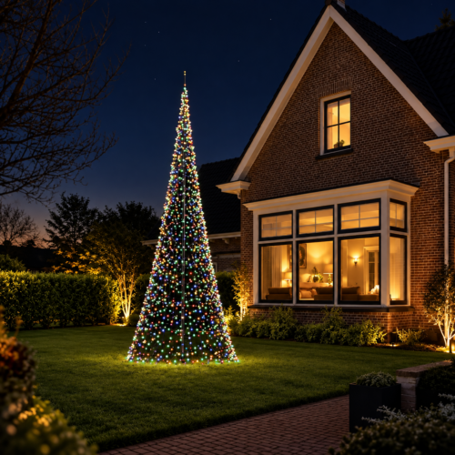 Premium LED kerstboom 6 meter met 2.048 multicolor LED-lampjes in tuin bij woning