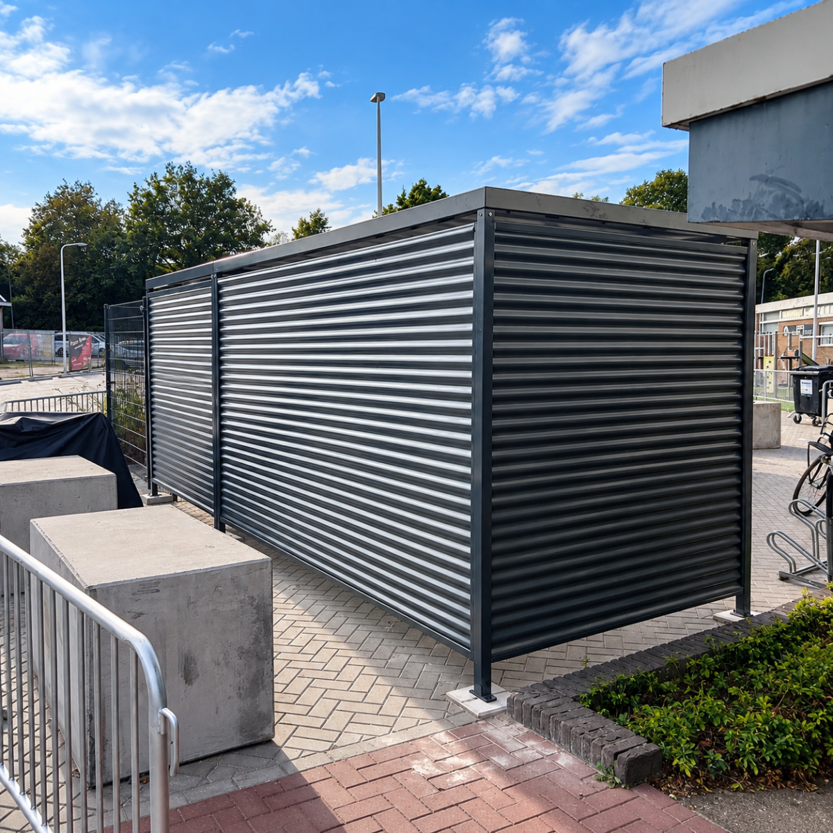 Maatwerk fietsoverkapping in Staphorst – Leipzig L-vorm met fietsoplaadpunten 3 Achterzijde van maatwerk fietsoverkapping Leipzig in Staphorst met golfplaat zijwanden en staalconstructie in RAL 7016