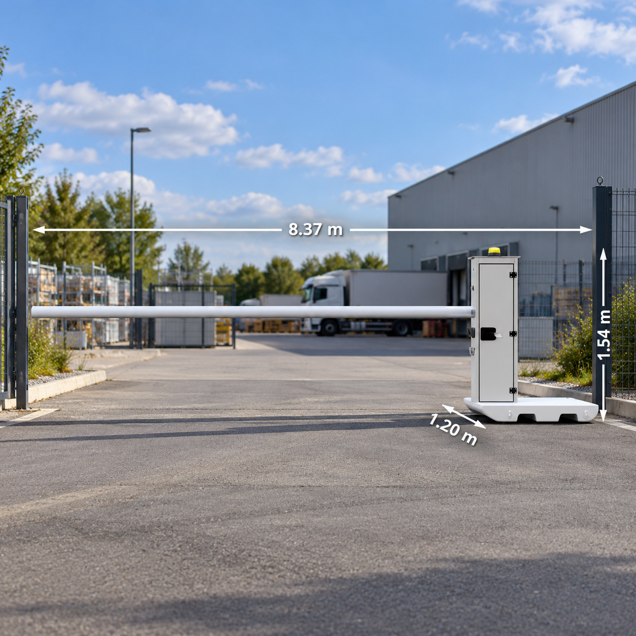 Mobiele elektrische slagboom V-Barrier – 5 of 7 meter 3 Mobiele elektrische slagboom V-Barrier 7 meter op betonplatform bij bedrijfsterrein