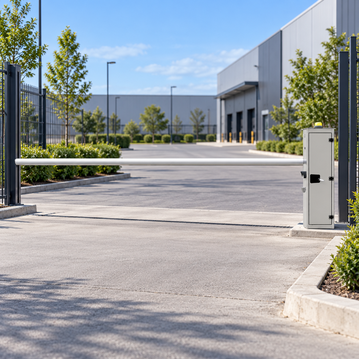 Mobiele elektrische slagboom V-Barrier – 5 of 7 meter 1 Mobiele elektrische slagboom V-Barrier in lichtgrijze uitvoering bij de toegang van een bedrijfsterrein