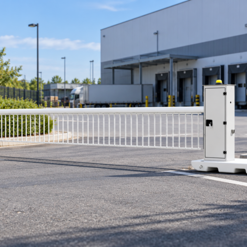 Mobiele elektrische slagboom V-Barrier – 5 of 7 meter 7 Mobiele elektrische slagboom V-Barrier met optioneel hangend rooster onder de slagboomarm