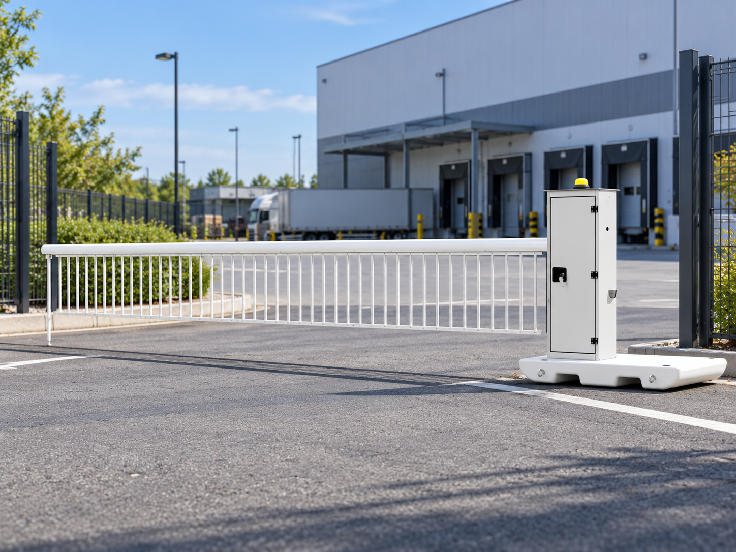 Mobiele elektrische slagboom V-Barrier – 5 of 7 meter 4 Mobiele elektrische slagboom V-Barrier met optioneel hangend rooster onder de slagboomarm
