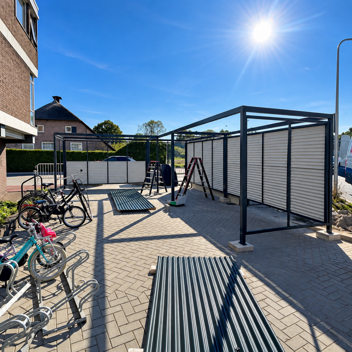 Maatwerk fietsoverkapping in Staphorst – Leipzig L-vorm met fietsoplaadpunten 2 Montage van maatwerk fietsoverkapping Leipzig in Staphorst met trapeziumplaat dak in RAL 9002 en zijwanden van golfplaat