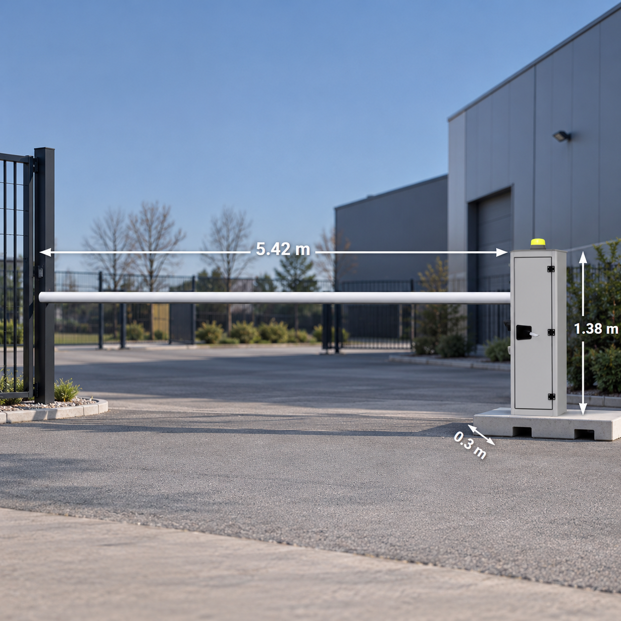 Mobiele elektrische slagboom V-Barrier – 5 of 7 meter 2 Elektrische slagboom V-Barrier 5 meter in lichtgrijze uitvoering met afmetingen 5,42 x 1,38 meter